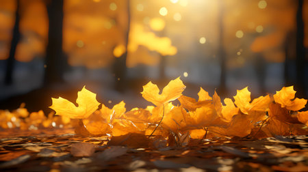 Maple leaves on the ground in the autumn forest. Nature backgroundの素材