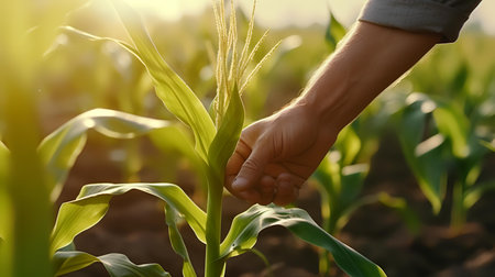 Farmer hand touching corn plant in corn field, closeup viewの素材