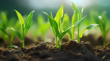 Close-up of young corn seedling growing in fertile soil. Agricultural conceptの素材