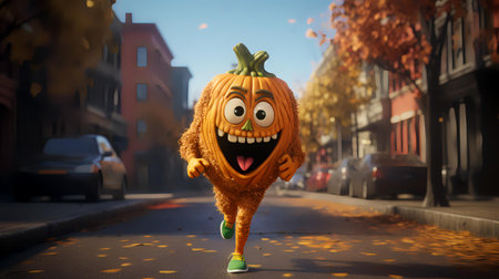 Halloween pumpkin monster walking on the street. 3D rendering.の素材