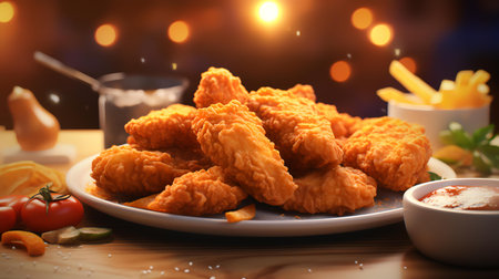 Plate with tasty fried chicken nuggets on table, closeupの素材