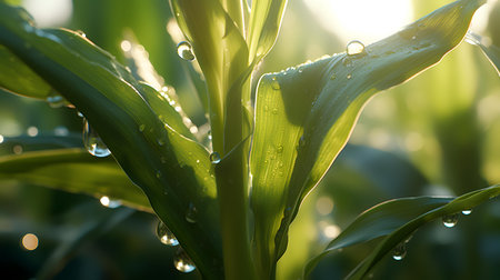 Close up of green corn leaves with dew drops in the morningの素材