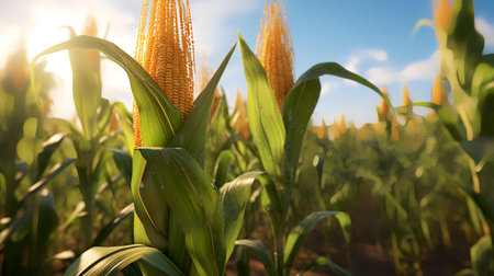 Young corn on the cob in the field at sunset, close-upの素材
