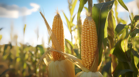 Ripe corn on the cob in the field, close-upの素材