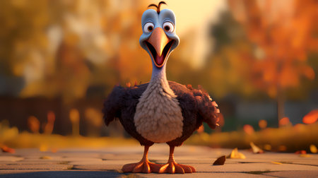 Funny turkey on the background of the autumn landscape. 3d illustrationの素材