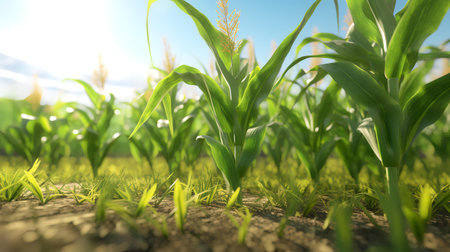 Close-up of a corn field on a sunny day. 3d renderingの素材