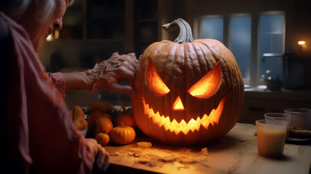 Halloween pumpkin Jack-o-Lantern in the hands of a womanの素材