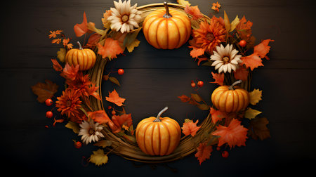 Autumn wreath with pumpkins and leaves on black wooden backgroundの素材