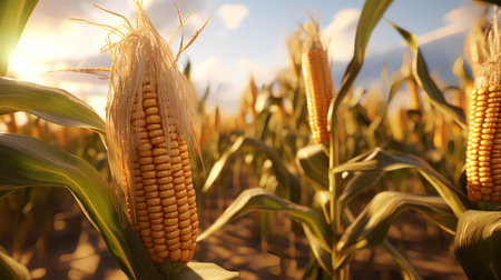 Young corn on the cob in the field at sunset, closeupの素材