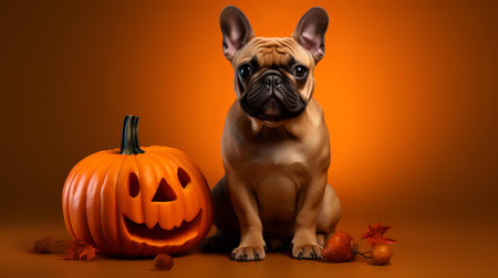 puppy of french bulldog with halloween pumpkin on orange backgroundの素材