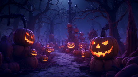 Halloween background with scary pumpkins. 3d render illustration.の素材