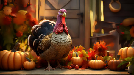 Thanksgiving turkey with pumpkins and autumn leaves on wooden background.の素材