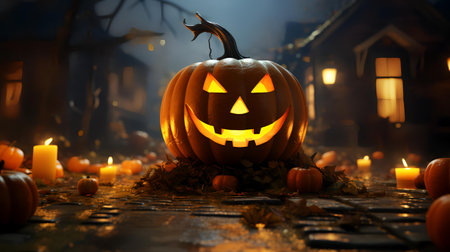 Halloween pumpkin head jack lantern on dark background. Halloween holiday conceptの素材