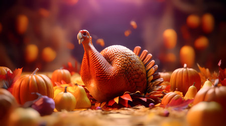 Pumpkin and turkey on autumn leaves background with bokehの素材