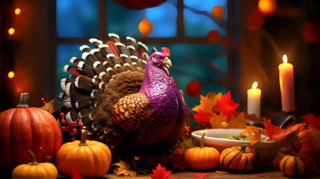 Pumpkin and turkey on a background of autumn leaves and candlesの素材