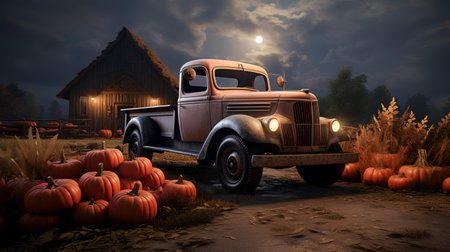 3D rendering of an old pickup truck in the field with pumpkinsの素材
