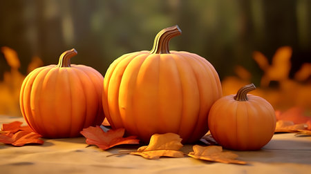 Pumpkins on a background of autumn leaves. 3d renderの素材