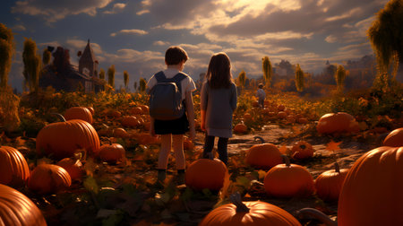 Two little girls and boy in halloween pumpkins at sunsetの素材