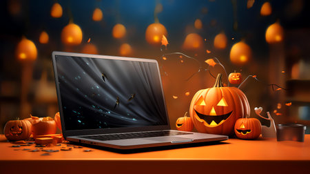 Halloween background with pumpkins and laptop. 3d rendering.の素材