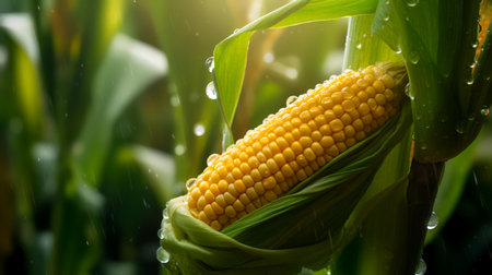 Close up of fresh corn on the cob with water drops on itの素材