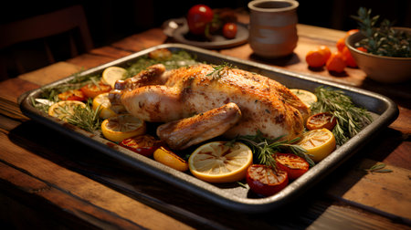 Whole roasted chicken with lemon and rosemary on a baking trayの素材