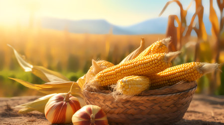 Basket with corn cobs and garlic on blurred corn field backgroundの素材