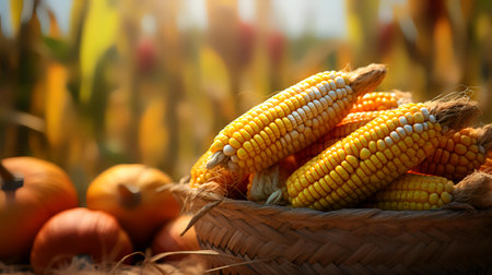 Ripe corn on the cob in a basket on a background of autumn harvest.の素材