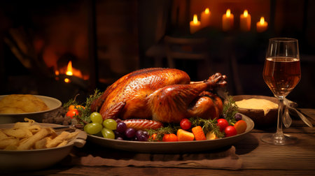 Roasted turkey or chicken on Christmas table with wine, potato chips and vegetables.の素材