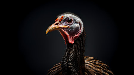 Portrait of a turkey on a black background. Studio shot.の素材