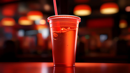 Red plastic cup with a drink on the table in the bar.の素材