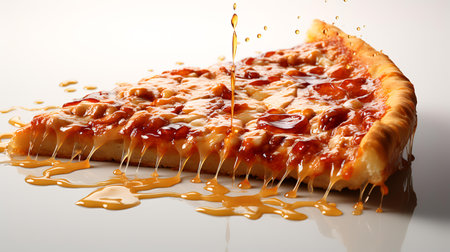 Pizza slice with melted cheese and caramel sauce on white background.の素材