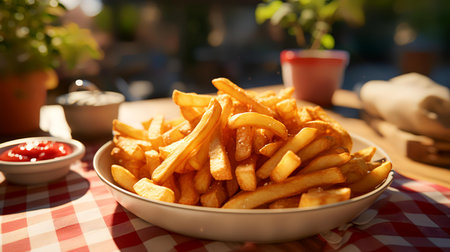 French fries with ketchup on a table in a cafe. Selective focusの素材
