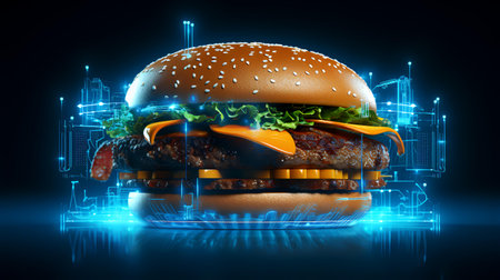 Hamburger on dark background. 3D rendering. Neon lightsの素材
