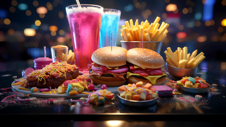 Hamburger, french fries and cola drink on dark backgroundの素材