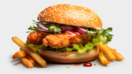 Big hamburger with chicken and french fries isolated on a white backgroundの素材