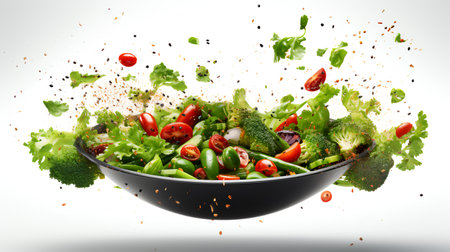 Vegetable salad in a black bowl isolated on white background.の素材