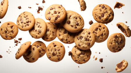 Chocolate chip cookies falling on white background. Chocolate chip cookies fallingの素材