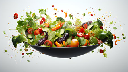 Fresh vegetable salad in black bowl isolated on white background 3D renderingの素材