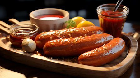 grilled sausages with ketchup and mustard on wooden plateの素材