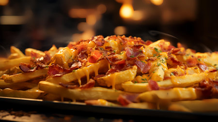 French fries with bacon and cheese on the table in the restaurant.の素材
