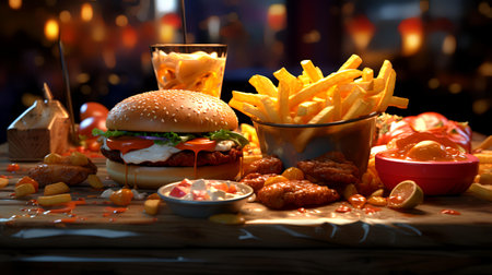 Hamburger, french fries and fried chicken on wooden table.の素材
