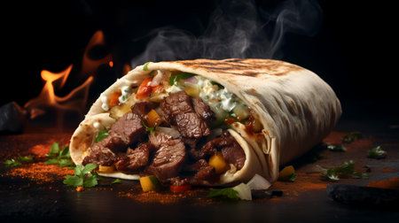 Traditional mexican burrito with beef and vegetables on black backgroundの素材