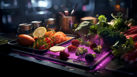 Fruits and vegetables on a table in a restaurant at night.の素材