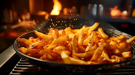 French fries in a frying pan on a gas stove close-upの素材