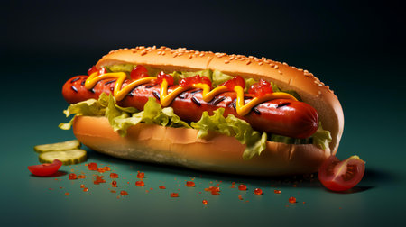 Hot dog with ketchup and mustard on a dark green background.の素材