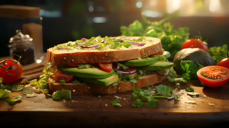 sandwich with avocado, lettuce and tomatoes on a wooden table.の素材