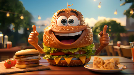 Cheerful hamburger with thumbs up. 3d illustration.の素材