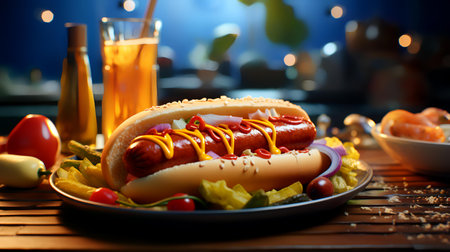 Hot dog with mustard, ketchupnnaise and fresh vegetablesの素材