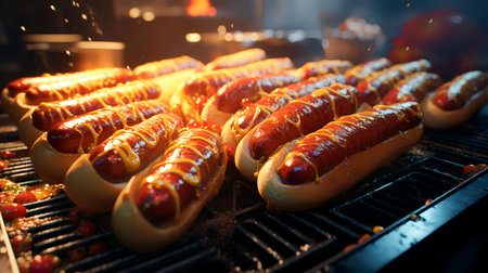 Hot dogs with ketchup and mustard on the grill, close-upの素材