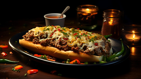 Mexican hot dog with beef and melted cheese on a wooden tableの素材